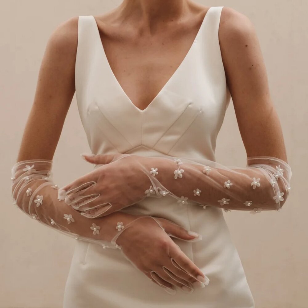 Sheer Bridal Gloves with Flower and Pearl Details